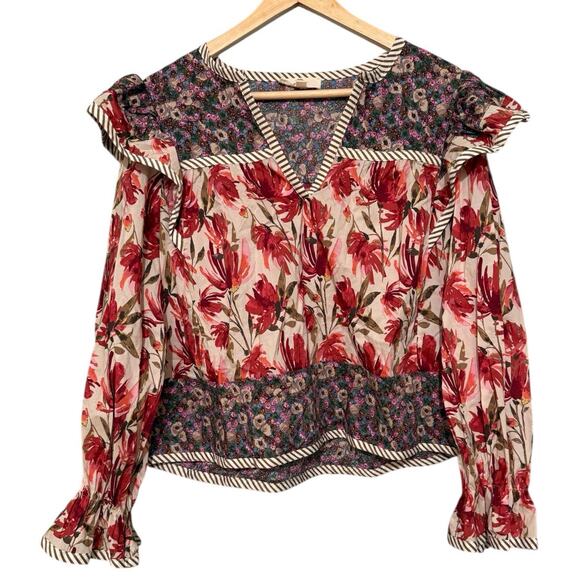 Entro M Boho Cottagecore Floral Mixed Media Ruffle Shoulder Blouse Top M - Picture 2 of 9